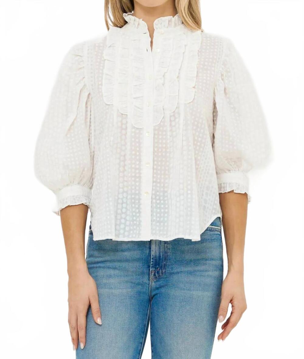 NEW OLIPHANT ruffle front blouse in domino white